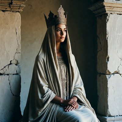 Woman wearing crown in ancient ruins