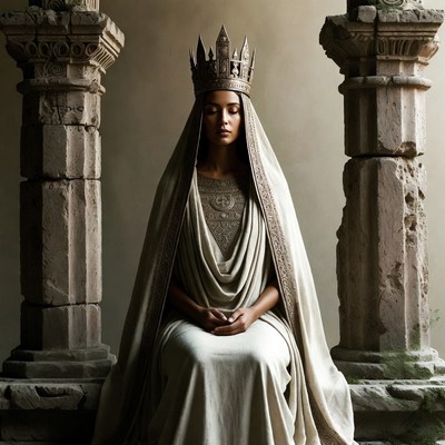 Woman wearing crown between ancient pillars