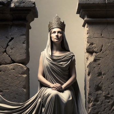Woman in crown between ancient columns