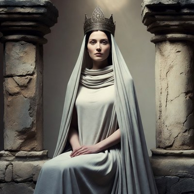 Woman wearing crown between ancient columns