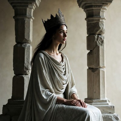 Woman wearing crown between stone pillars