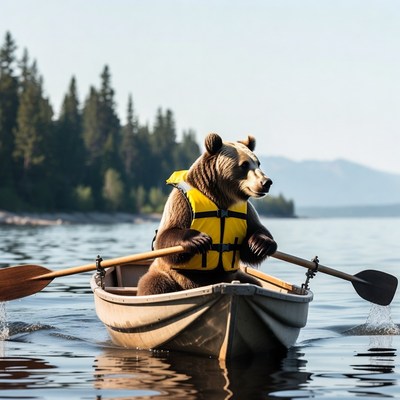 Bear paddling canoe in lake