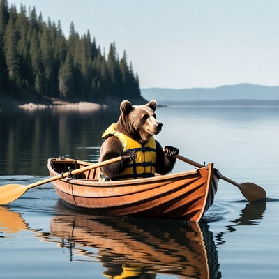 Bear rowing canoe in lake
