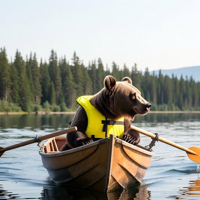 Bear rowing boat in lake