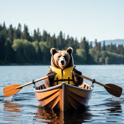 Bear paddling canoe in lake