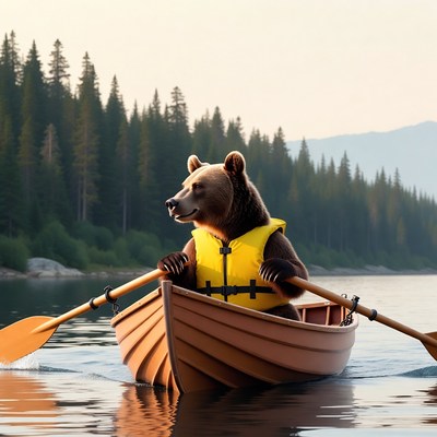 Bear rowing boat in lake