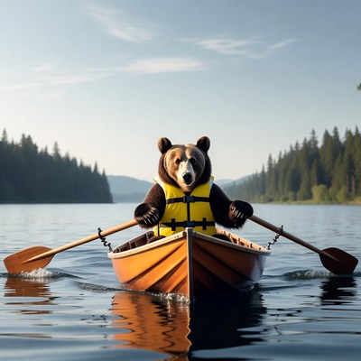 Bear rowing canoe in lake