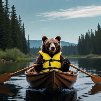 Bear rowing canoe in forest lake