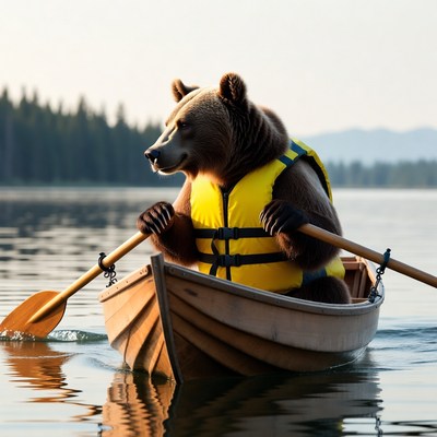 Bear rowing boat in life jacket