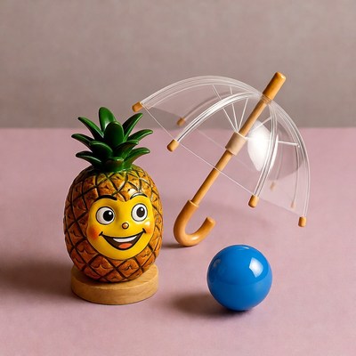 Smiling Pineapple with Umbrella and Ball