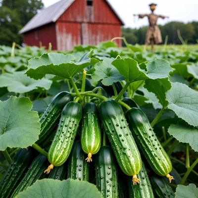 Fresh Cucumbers in Field with Barn Scarecrow