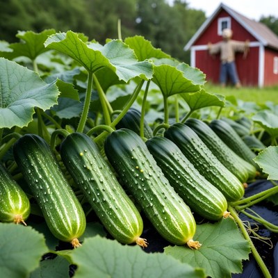 Fresh Cucumbers in Garden with Scarecrow