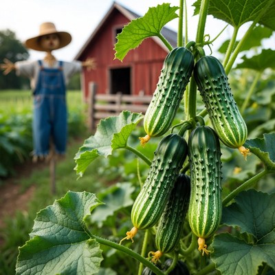 Cucumbers with Scarecrow and Red Barn