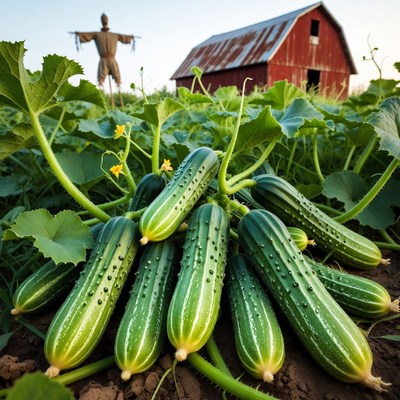 Fresh Cucumbers with Scarecrow and Barn
