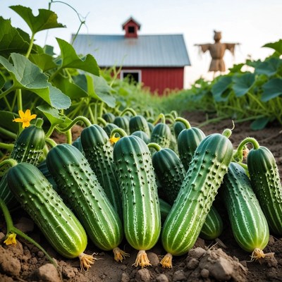 Fresh Cucumbers with Scarecrow and Barn