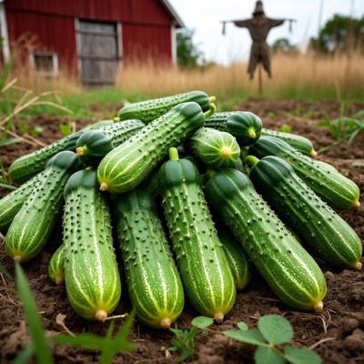 Pile of Cucumbers near Red Barn Scarecrow