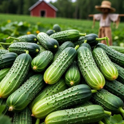 Pile of fresh cucumbers with scarecrow