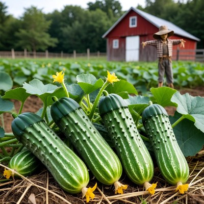 Fresh Cucumbers with Scarecrow and Barn