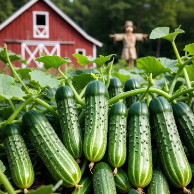 Fresh Cucumbers with Red Barn Scarecrow
