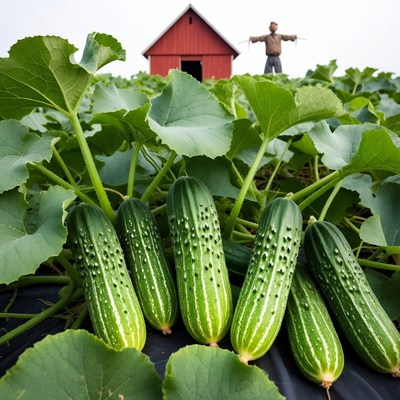 Fresh Cucumbers with Scarecrow and Red Barn