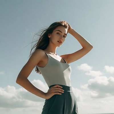 Young woman hand on head outdoors