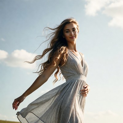 Woman in flowing dress with wind-blown hair