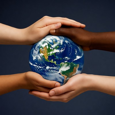 Diverse hands holding Earth globe