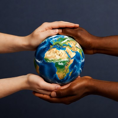 Hands holding globe together