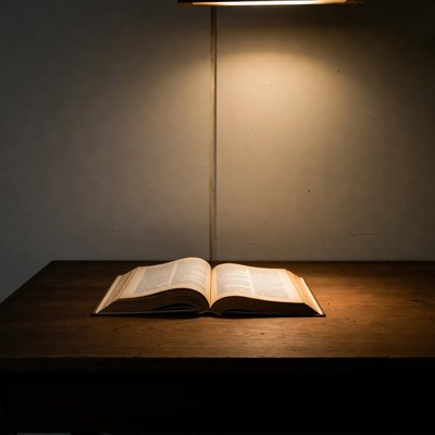 Open book under lamp on table
