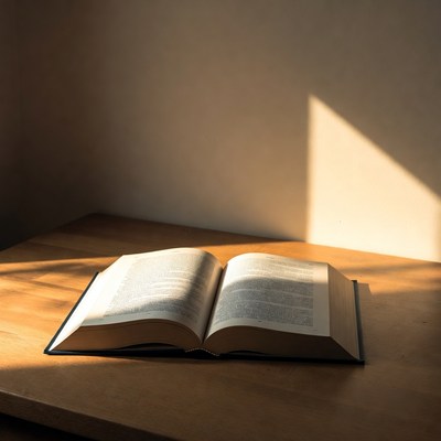 Open book on wooden table