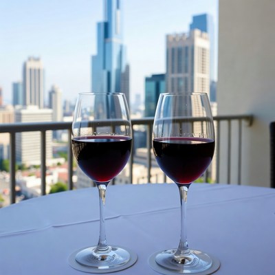 Two red wine glasses on balcony