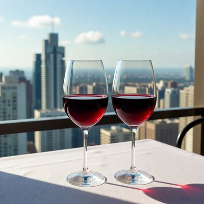 Two red wine glasses city skyline