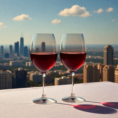 Two red wine glasses Chicago skyline