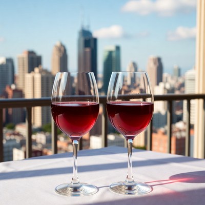 Two red wine glasses city skyline