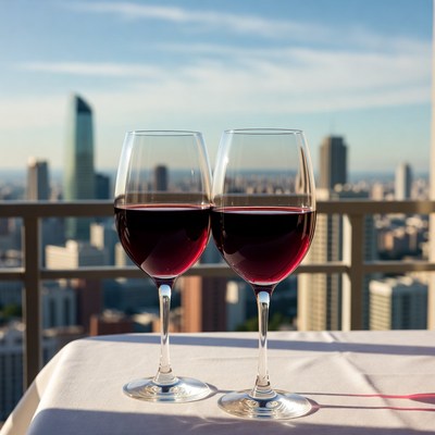 Two red wine glasses city skyline