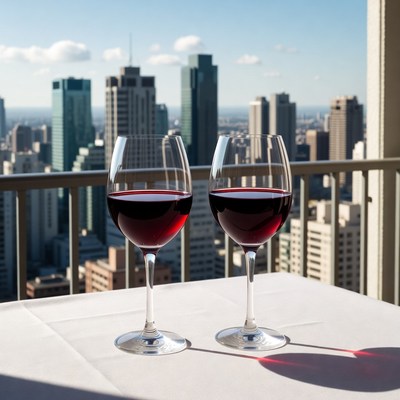 Two red wine glasses on balcony