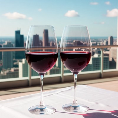 Two red wine glasses city skyline