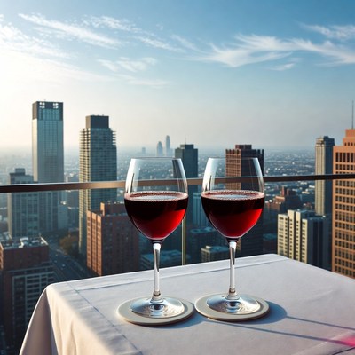 Two red wine glasses city skyline