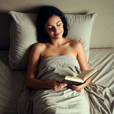 Woman reading book in bed