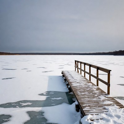 Wooden pier extending over frozen lake