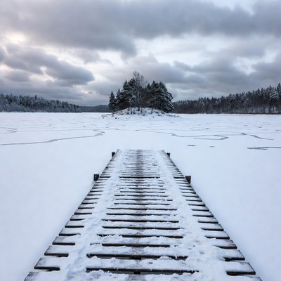 Snowy Wooden Pier on Frozen Lake