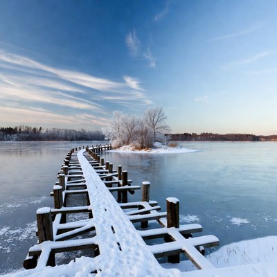 Snowy Wooden Pier Over Frozen Lake