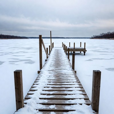 Wooden pier on frozen lake