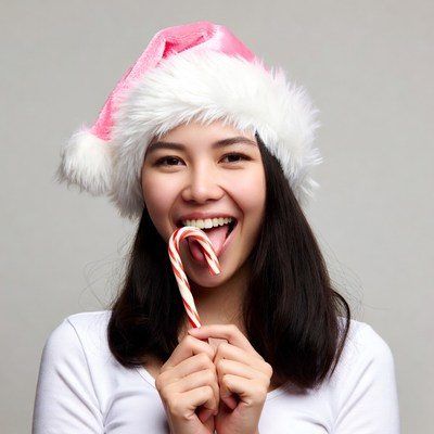 Asian girl licking candy cane Santa hat