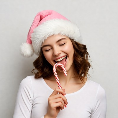 Woman licking candy cane in Santa hat
