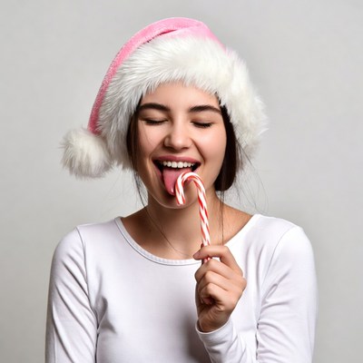 Woman eating candy cane with Santa hat
