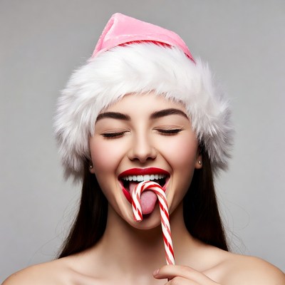 Woman licking candy cane Santa hat