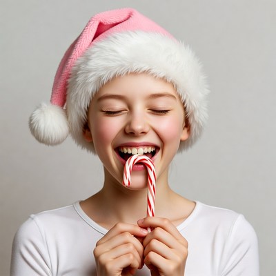 Girl eating candy cane with Santa hat