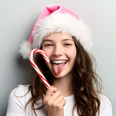 Girl in Santa hat sticking tongue out with candy cane