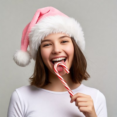 Girl licking candy cane in Santa hat